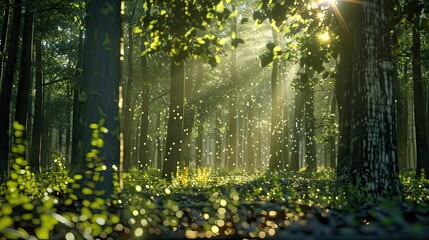 Wall Mural - sunlit forest ambiance illuminating magical particles among serene trees