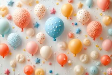 Aufkleber - Colorful decorative balloons in various shapes and patterns arranged on a light wall, creating a festive atmosphere suitable for any celebration or event