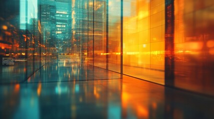 Aufkleber - Urban reflection, glass buildings, city lights, sunset glow, wet pavement, abstract cityscape, neon atmosphere, futuristic metropolis, blurred motion, golden hour, teal and orange contrast, 