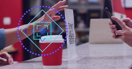 Poster - Person using smartphone at cafe counter with digital interface animation overlay