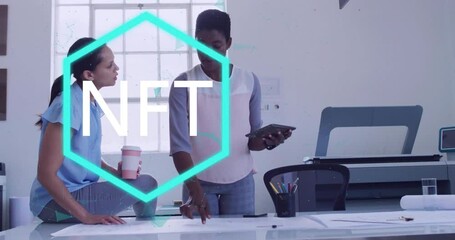 Poster - Discussing work at office desk, two people with digital animation overlay