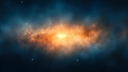Wall Mural - luminous starry night sky with a glowing orange nebula center and sparkling stars in dark blue space