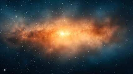 Wall Mural - luminous starry night sky with a glowing orange nebula center and sparkling stars in dark blue space