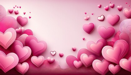 Wall Mural - pink hearts background, romantic cute pink heart border pattern, greeting card invitation header whi
