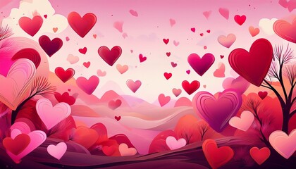 Wall Mural - pink red hearts background, cute flying hearts illustration for valentine day greeting card invitati