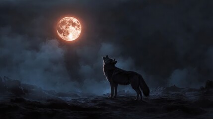 Wall Mural - a lone wolf howls at a large bright orange moon