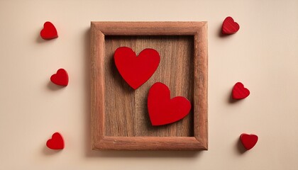 Wall Mural - red wooden hearts on beige background, vertical frame, minimalist love concept- 29392