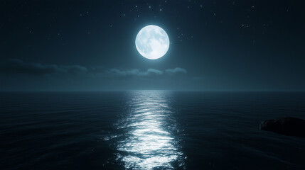 Wall Mural - Enchanting full moon glows above a calm ocean, reflecting serene nocturnal beauty and mystic wonder