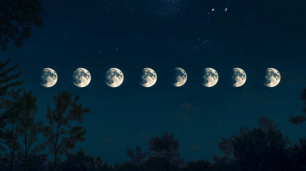 Wall Mural - Mesmerizing time-lapse capturing enchanting moon phases transitioning elegantly across a starlit night sky wonder magically
