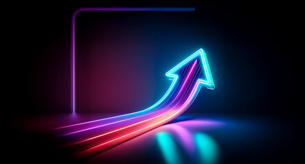 Poster - bright neon arrow points upward, glowing with pink and blue light against a dark backdrop and reflec