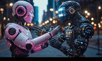 Fototapete - Futuristic Robots Meeting on City Street
