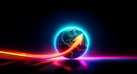 Poster - A glowing globe is encircled by a dynamic red arrow on a black background. Neon lights illuminate the earth and arrow, suggesting forward motion and technological advancement.