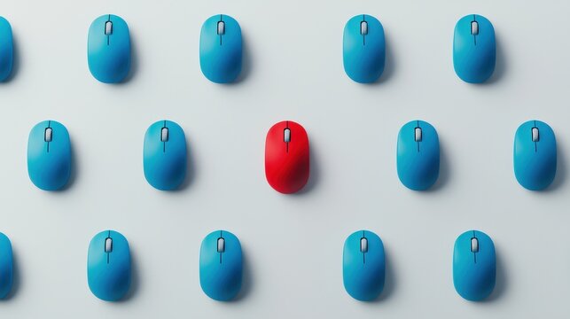 Single Red Mouse Amidst Blue Computer Mice on White Background