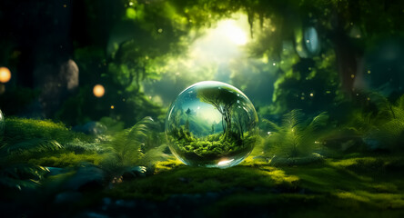 Canvas Print - magical glass sphere reflecting a forest scene. sunlight filters through lush green trees, illuminat