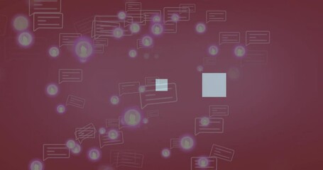 Poster - Animation of chat bubbles and digital communication icons floating on red background
