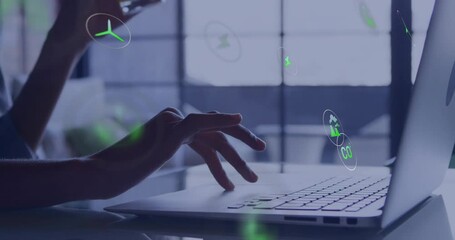 Poster - Typing on laptop, hands interacting with green energy animation in office