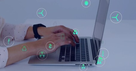 Poster - Typing on laptop, hands with green technology icons floating in animation