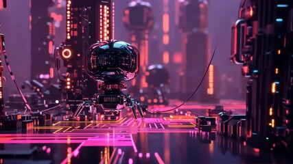 Poster - Exploring a futuristic digital city illuminated by vibrant neon lights and advanced robotics in a surreal virtual landscape Generative AI
