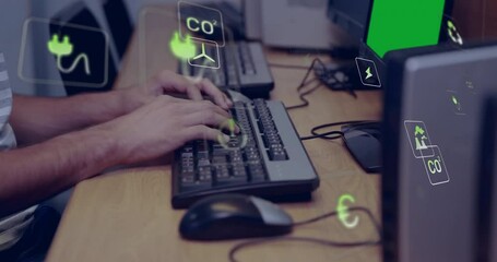 Poster - Typing on keyboard, animation of eco-friendly energy icons floating around