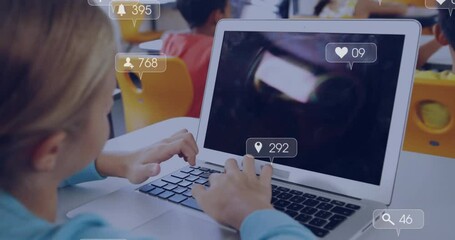 Poster - In school, child using laptop with animation of social media notifications
