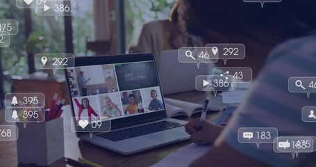 Poster - Studying at desk, person using laptop with animation of video call and icons