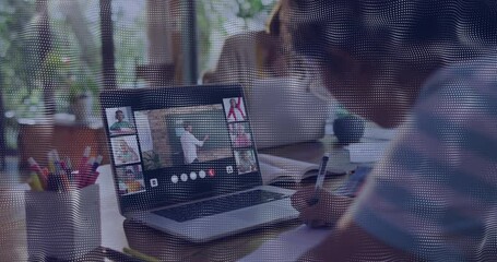 Poster - Taking notes during virtual meeting on laptop, person focusing on animation