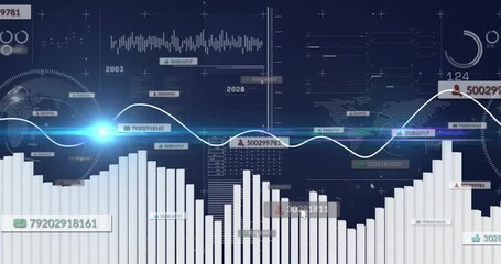 Poster - Bar graphs and data charts with digital wave animation on dark background