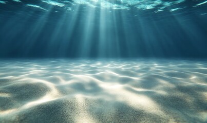 Fototapete - Underwater scene with soft light rays illuminating sandy ocean floor.