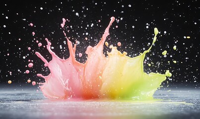 Poster - Vibrant splash of colorful liquid against a dark background, creating a dynamic visual effect.