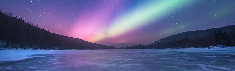 Poster - Vibrant aurora borealis illuminating a serene frozen landscape at night.