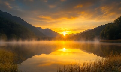Poster - Serene sunrise reflected over a calm lake surrounded by mountains and mist.