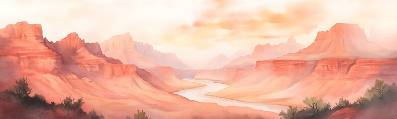 Poster - A serene landscape with red rock formations and a winding river under a soft, cloudy sky.