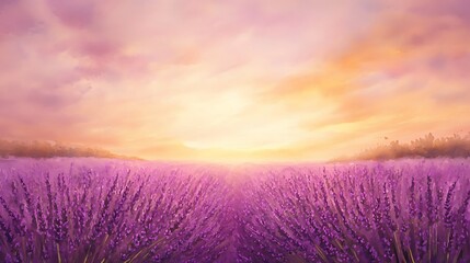 Poster - Lavender fields under a vibrant sunset, showcasing hues of purple and orange in a serene landscape.