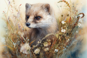 weasel and grass-flowers in autumn, white feather grass., watercolor style, generative ai