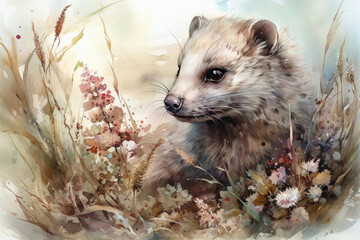 weasel and grass-flowers in autumn, white feather grass., watercolor style, generative ai