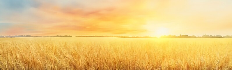 Poster - Golden wheat field under a bright sunset sky, creating a serene and warm atmosphere.