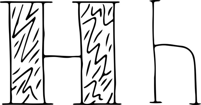 capital letter H and lowercase letter h with drawn lines on the capital letter hand drawn in black