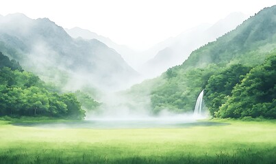Poster - Serene landscape with misty mountains, lush greenery, and a tranquil lake reflecting nature's beauty.