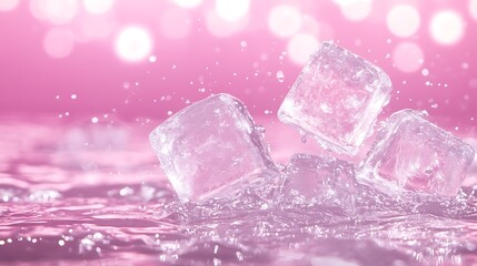 Poster - Ice cubes splashing in water with a soft pink background, creating a refreshing and vibrant atmosphere.