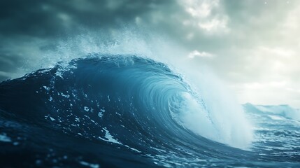 Poster - Dynamic ocean wave under dramatic clouds, showcasing the power of nature.