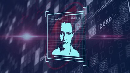 Poster - Analyzing profile with animation, digital face recognition technology over data background