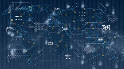 Poster - Animation of digital world map with data points and binary code overlay