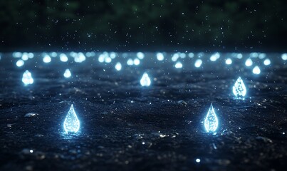 Poster - Glowing water droplets create a magical, serene atmosphere on a dark background.