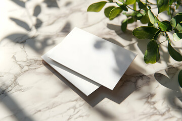 Poster - Elegant Business Card Mockup on Marble Surface with Natural Light and Greenery