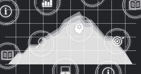 Poster - Animation of data analysis icons with innovation and goals on grid and mountain backdrop