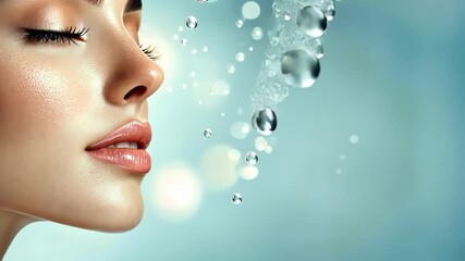Poster - Captivating close-up of serene woman with droplets glistening on her skin against a soothing background Generative AI