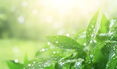 Fototapete - Fresh green leaves glistening with dew, illuminated by soft natural light in a serene outdoor setting.