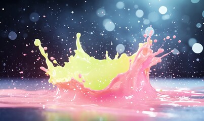 Poster - Vibrant splashes of yellow and pink paint create a dynamic, colorful scene against a blurred background.
