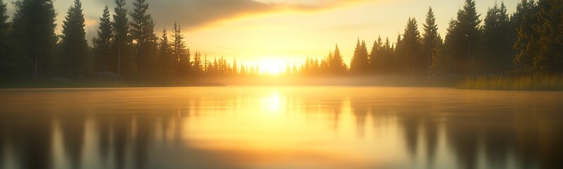 Poster - Breathtaking sunrise over a tranquil lake surrounded by trees and mist.
