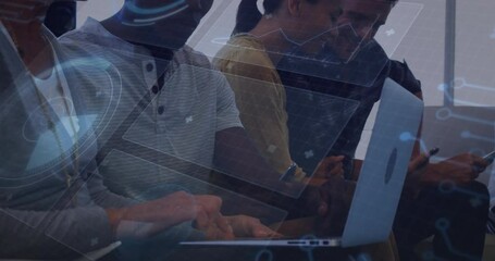 Poster - Diverse group collaborating on laptops with digital interface overlay animation
